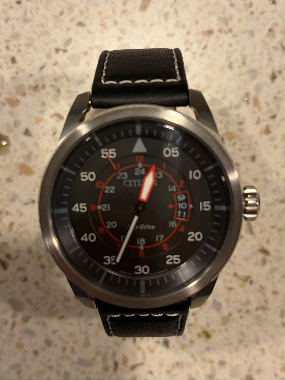 Citizen Men's Black Dial Watch with Red Accents and Black Leather Strap